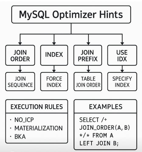 MySQL Optimizer Hints 구조를 설명하는 기술 다이어그램 — JOIN ORDER, INDEX, JOIN PREFIX, USE IDX 등 주요 힌트와 실행 규칙을 시각적으로 정리한 흐름도