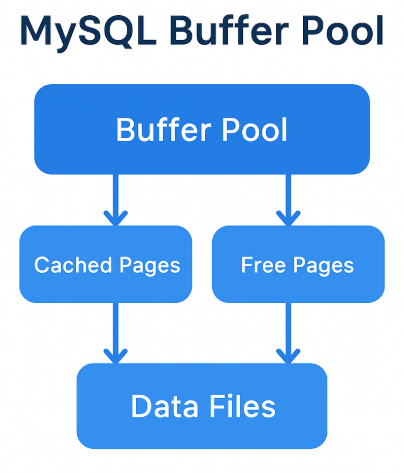 MySQL 버퍼 풀 구조와 데이터 캐시 동작 방식 다이어그램 — InnoDB 메모리 관리, 페이지 캐싱, 디스크 I/O 최적화 시각화