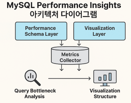 MySQL Performance Insights 아키텍처 다이어그램 — AWS Aurora MySQL 환경에서 DB Load, SQL Wait Events, CPU·I/O 병목 분석 과정을 시각적으로 표현한 인포그래픽